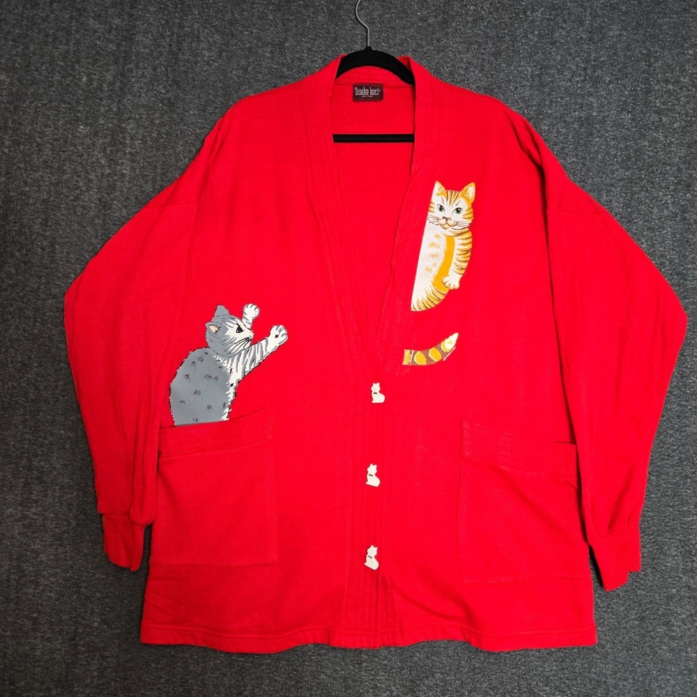 Linda Lori NY Cardigan Sweater Womens‎ One Size Red Fleece Cat Buttons 90's Cats
